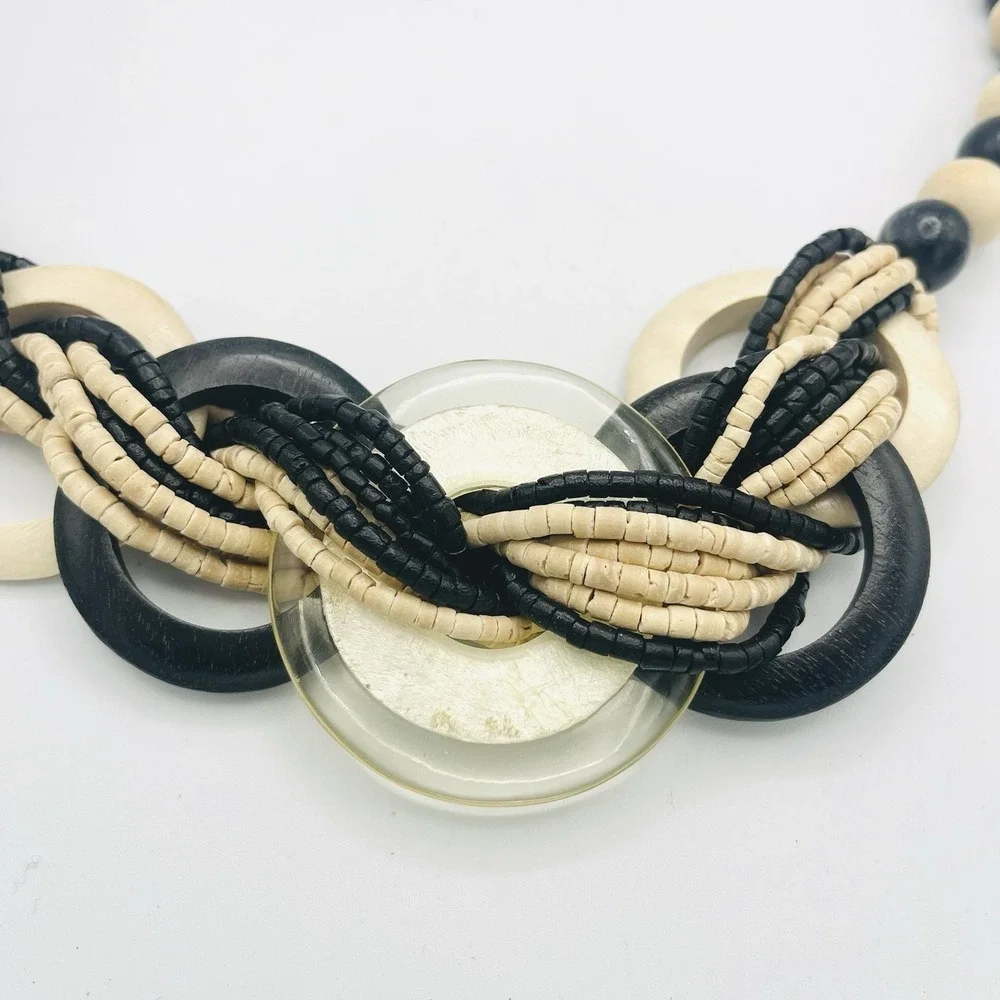 Vintage Y2K Earthy Statement‎ Necklace Chunky Tribal Black Ivory Disk Beaded 29